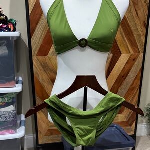 Perry Ellis Olive Green Halter Bikini with Ring Accent